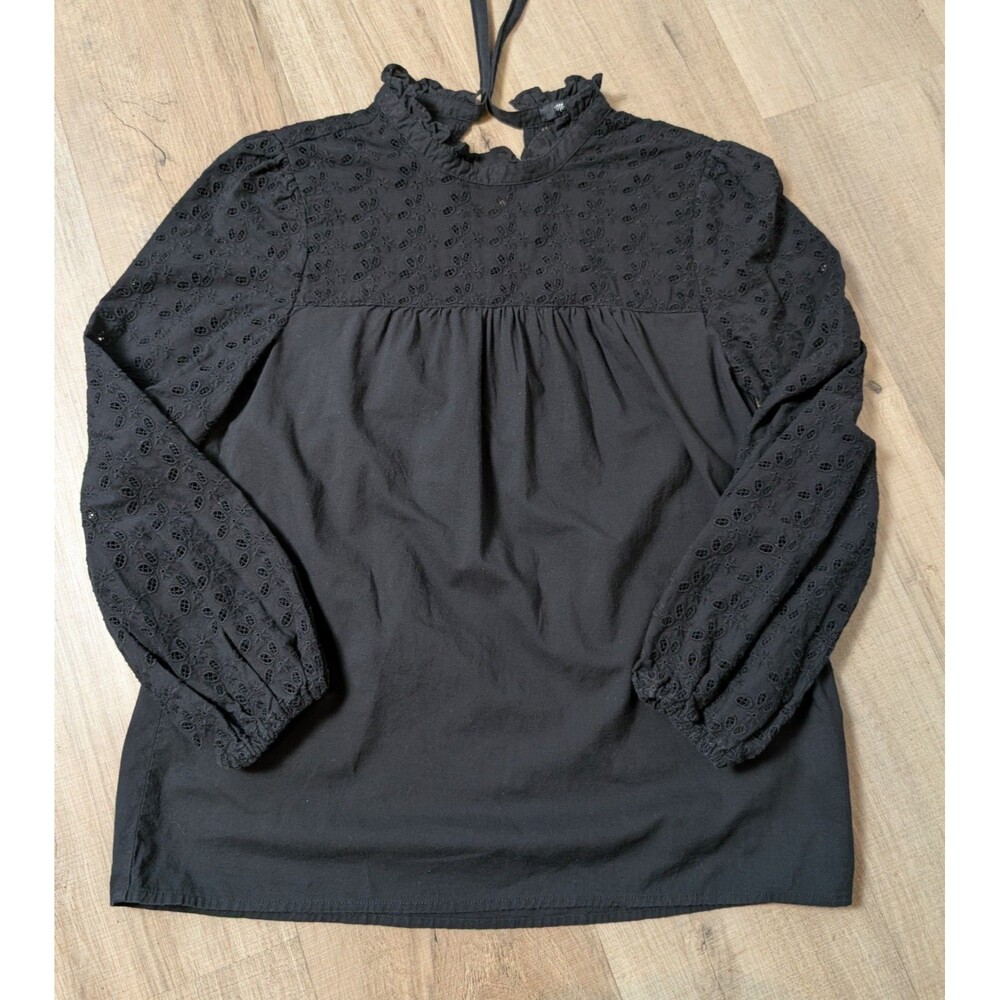 Madewell Size XS Eyelet Pieced Blouse Mockneck Ruffle Tie Back Black Romantic